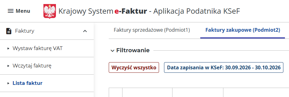 Aplikacja Podatnika KSeF: menu Faktury z wybraną pozycją „Lista faktur” i zakładka „Faktury zakupowe (Podmiot2)”