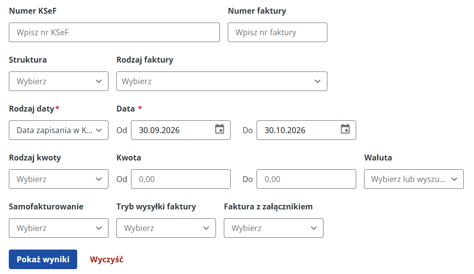 Filtry listy faktur: numer KSeF, numer faktury, rodzaj daty, zakres dat Od–Do i przycisk „Pokaż wyniki”