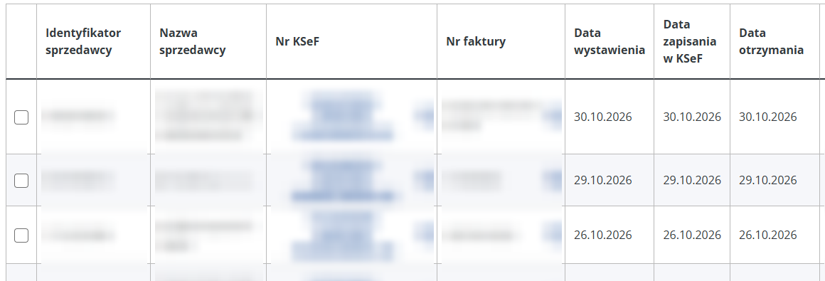 Lista faktur zakupowych z kolumnami: identyfikator i nazwa sprzedawcy, numer KSeF, numer faktury, daty i kwoty (dane zamazane)