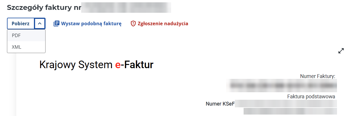 Szczegóły faktury w Aplikacji Podatnika KSeF z rozwiniętym przyciskiem „Pobierz” i opcjami PDF i XML (dane zamazane)