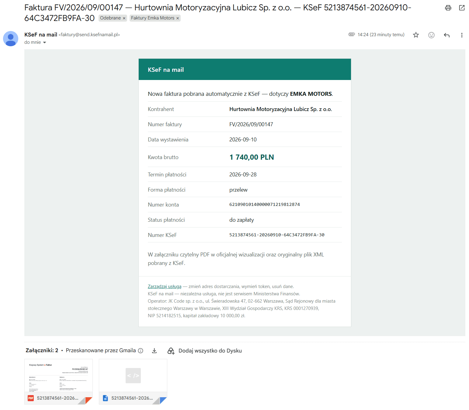 Wiadomość z usługi otwarta w skrzynce pocztowej: nadawca faktury@send.ksefnamail.pl, dane faktury i dwa załączniki — PDF oraz XML